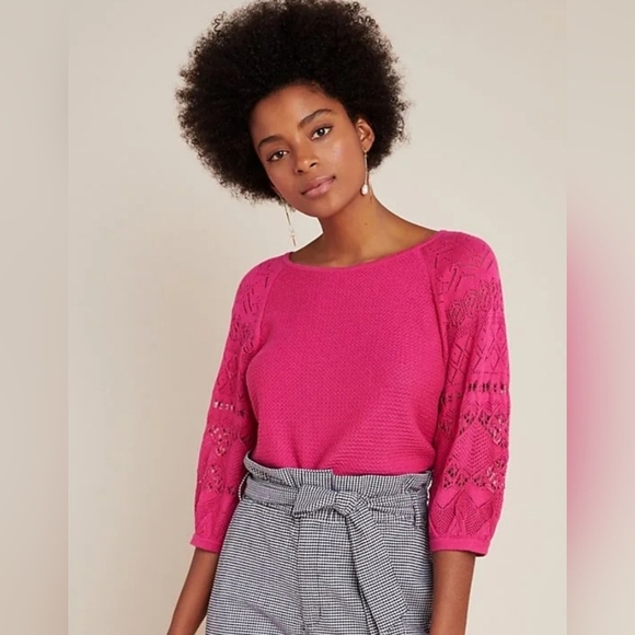 Anthropologie Martina Pointelle Rounded Neckline Pullover Sweater Pink XS - Picture 1 of 14